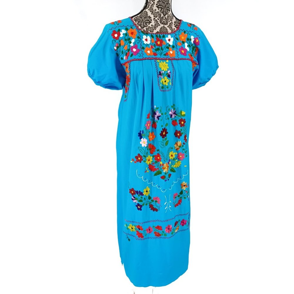 Hand Embroidered Mexican Oaxacan Puff Sleeve Cotton Midi Dress XS-S - Picture 2 of 5